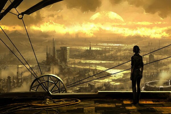 The girl on the roof of the factory looks into the future destruction