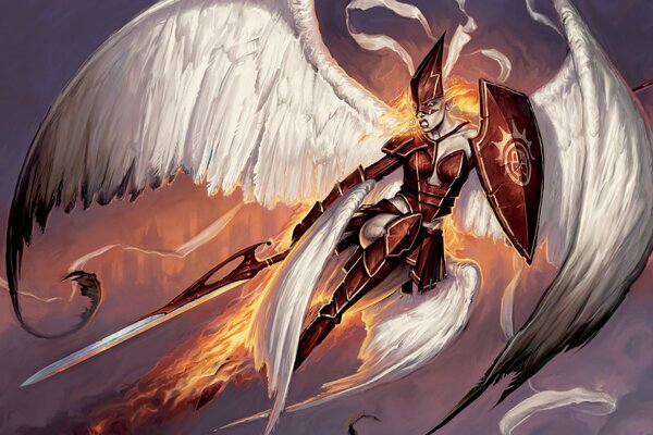 Winged angel with sword and shield on fire