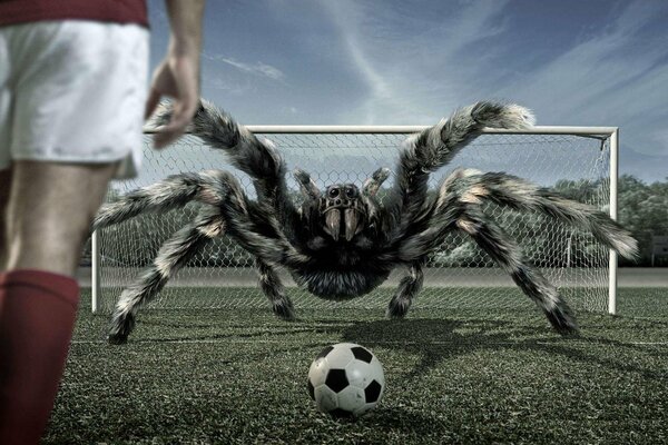 A giant tarantula stands like a goalkeeper on the gate