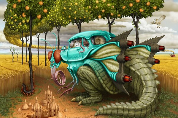 Art dessin hybride mouche, crocodile et voiture