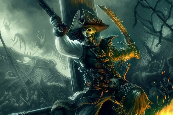 A skeleton pirate on a ghost ship