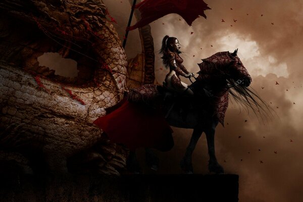 The horsewoman next to the corpse of the dragon she killed