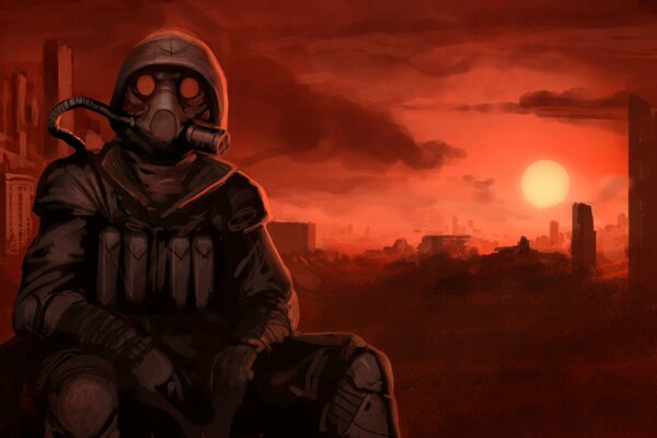 A man in a gas mask in the post-apocalypse world