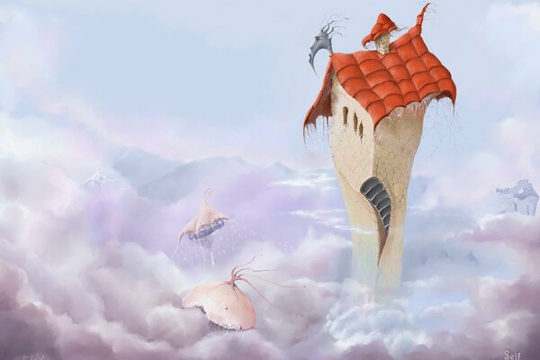 Fairy-tale house in pink clouds