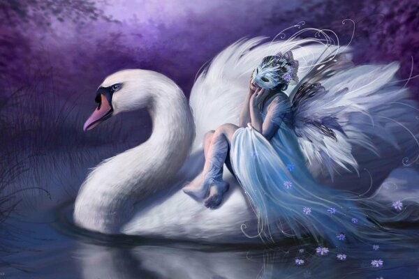 A fairy in a snow-white robe and mask floating on a white swan