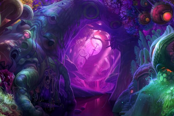 Un disegno in stile fantasy con una grotta lilla illuminata e alberi insoliti