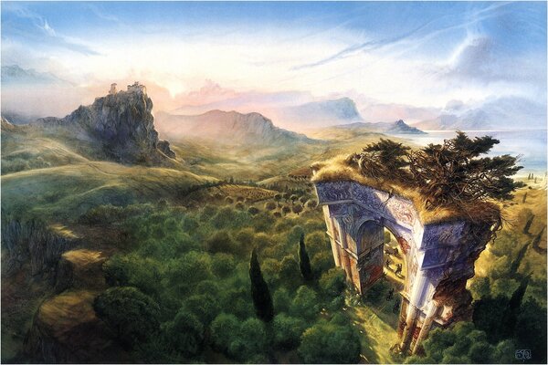 Fantasy, una porta da favola circondata da una foresta, sullo sfondo del mare, delle montagne e del cielo blu