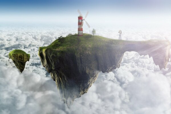 Faro en una roca flotando sobre las nubes blancas