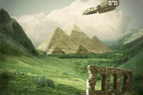 Pyramids standing in a green clearing