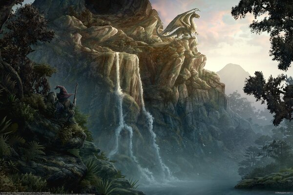 Fantasy on the theme of a dragon in the mountains