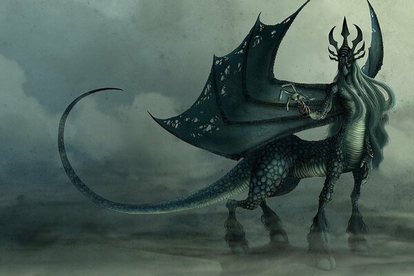 A monster with a tail and wings on a gray landscape