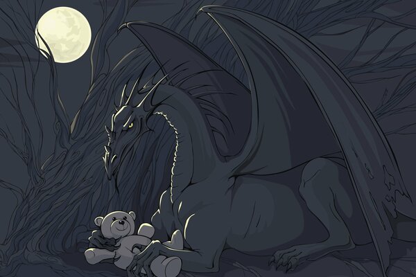 Dragon resting with a soft toy
