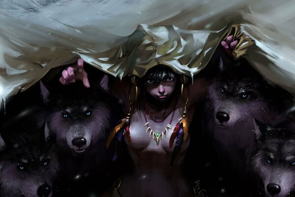 Dziewczyna Mowgli ze stadem wilków