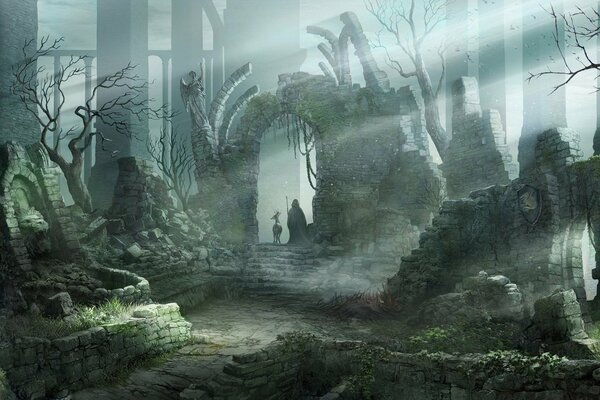 Ruins of an ancient temple in the dead forest