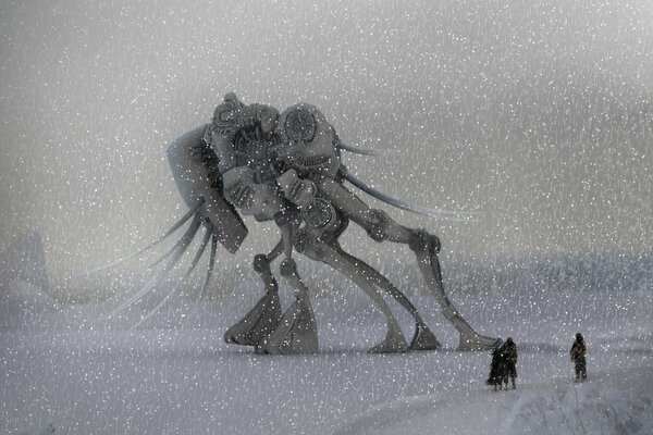 Winterbild mit Menschen und Roboter im Schneefall