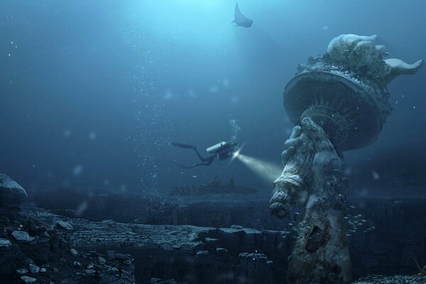 Рисунок будущего статуя аквалангист в море