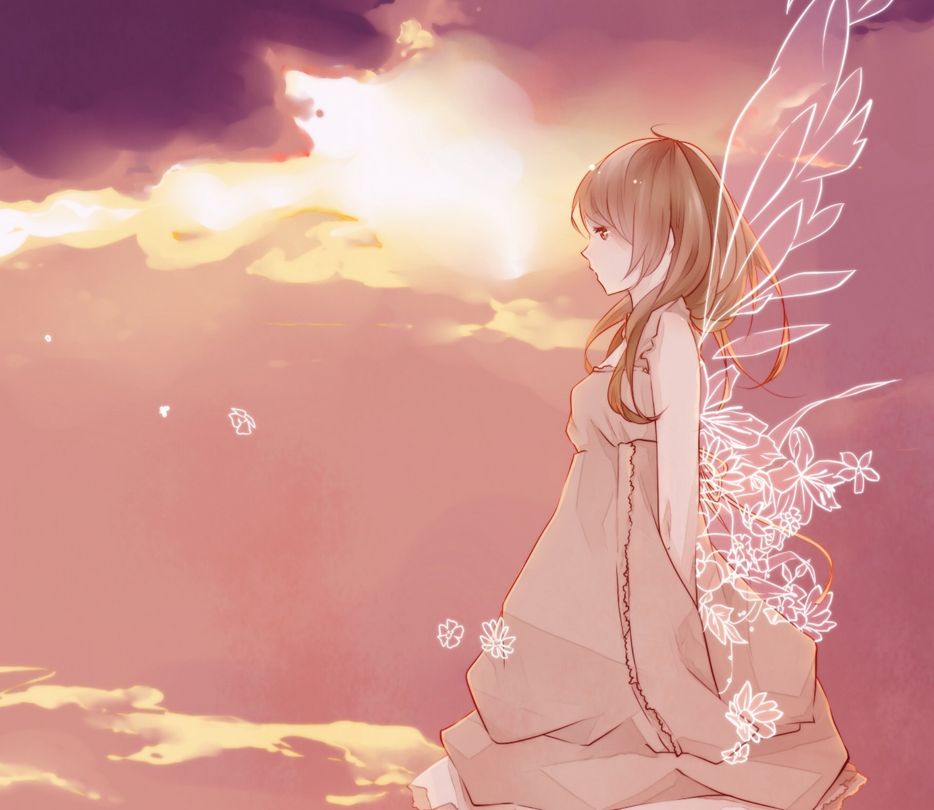 arte sekiyu chica alas cielo nubes flores anime