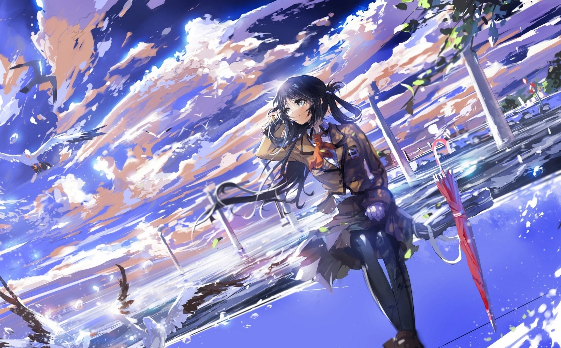 arte studenti d. t. d. anime domani senza nuvole no nagi no asukara ragazza shiodome miuna studentessa uniforme ombrello cielo nuvole uccelli