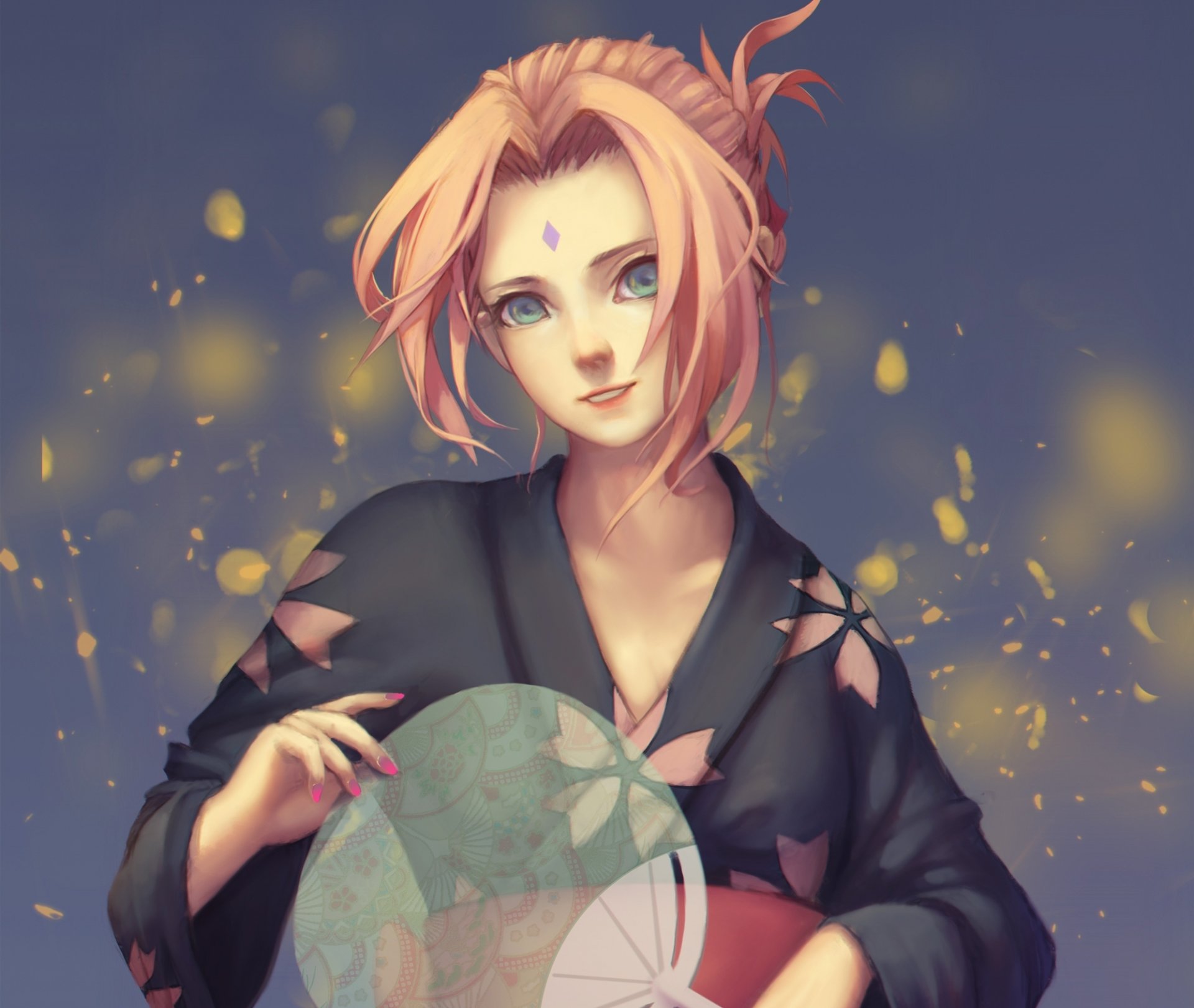 art daishiro anime naruto haruno sakura fille yukata ventilateur