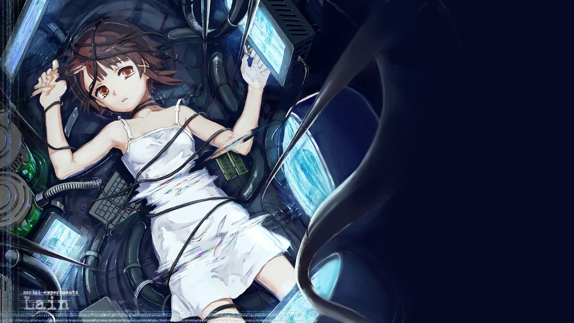 arte anime experimentos lane iwakura acostado chica cables monitores teclado lágrimas