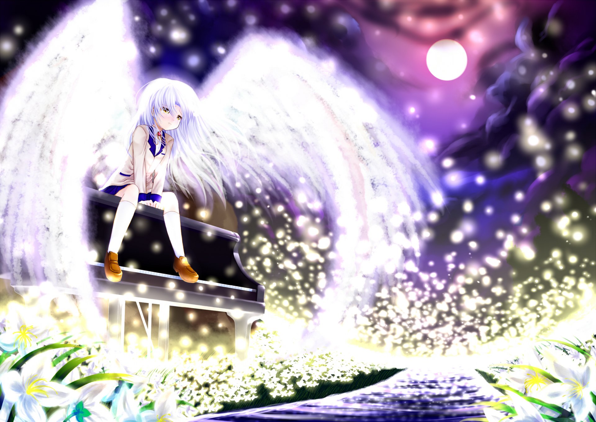 arte anime angel beats ritmos angelicales tachibana kanade chica alas flores piano noche luna