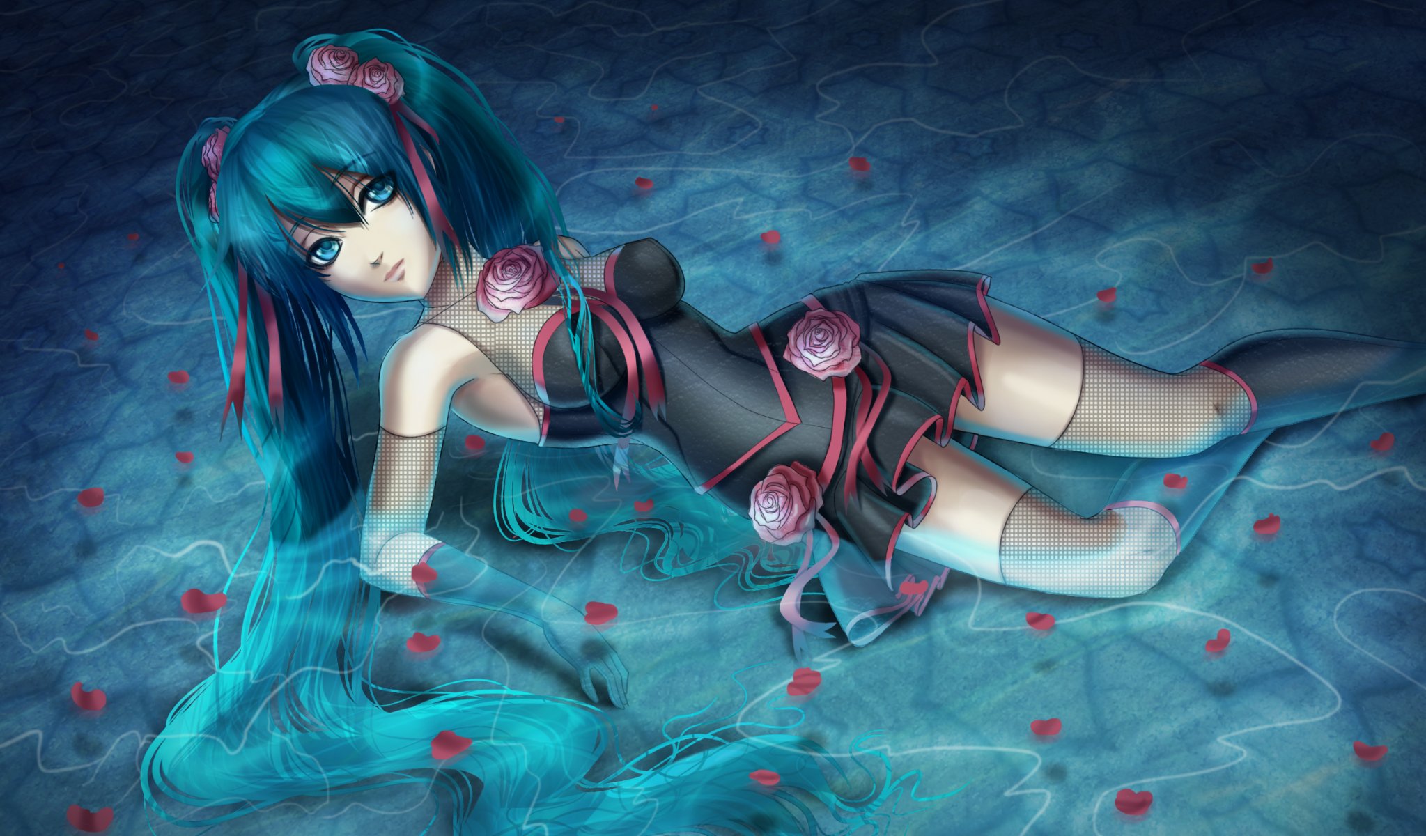 arte hatsune miku vocaloid chica agua rosas flores pétalos