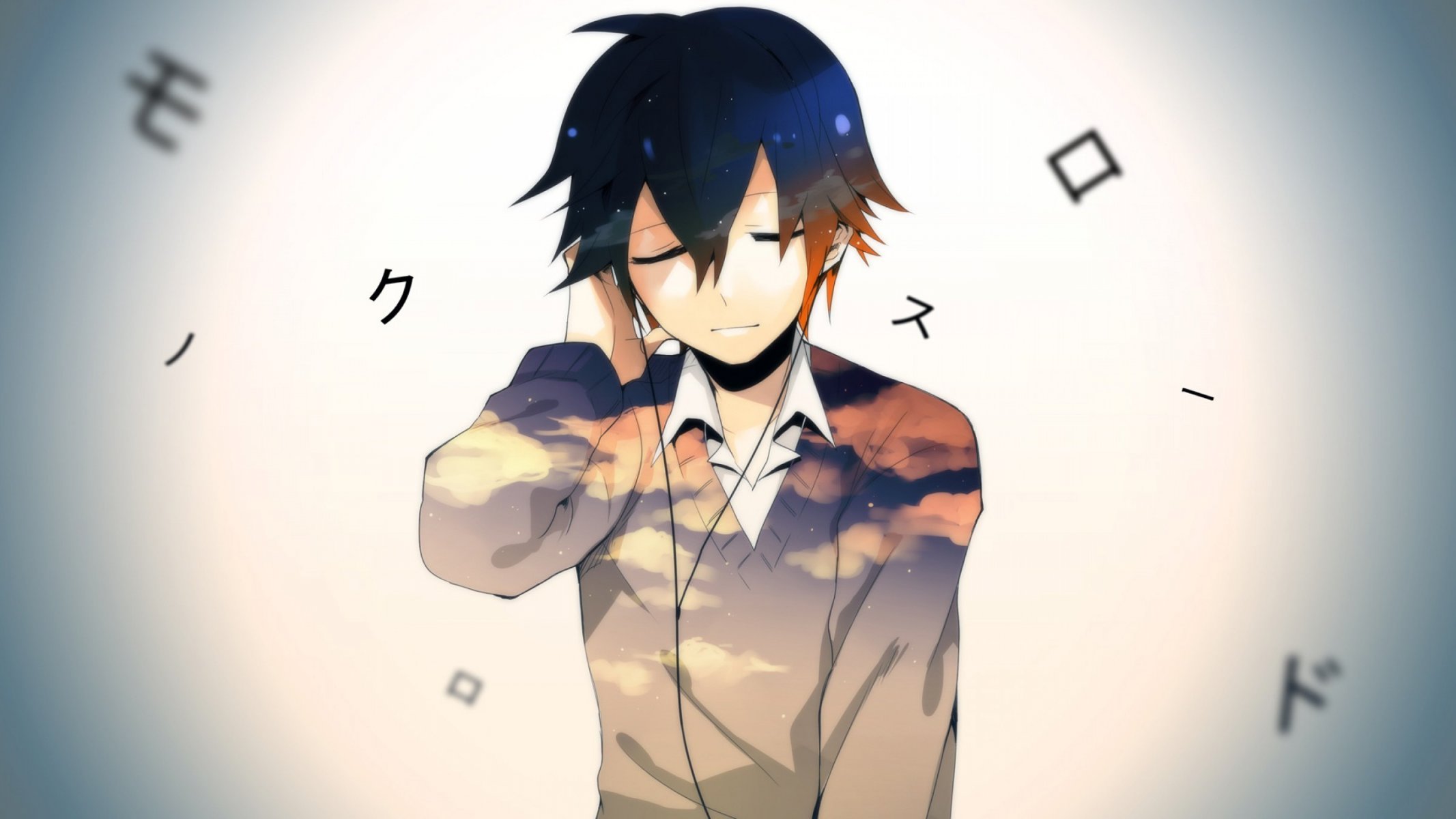 chool days music art anime boy guy is listening naslozhdastsya clouds headphones jacket sweater