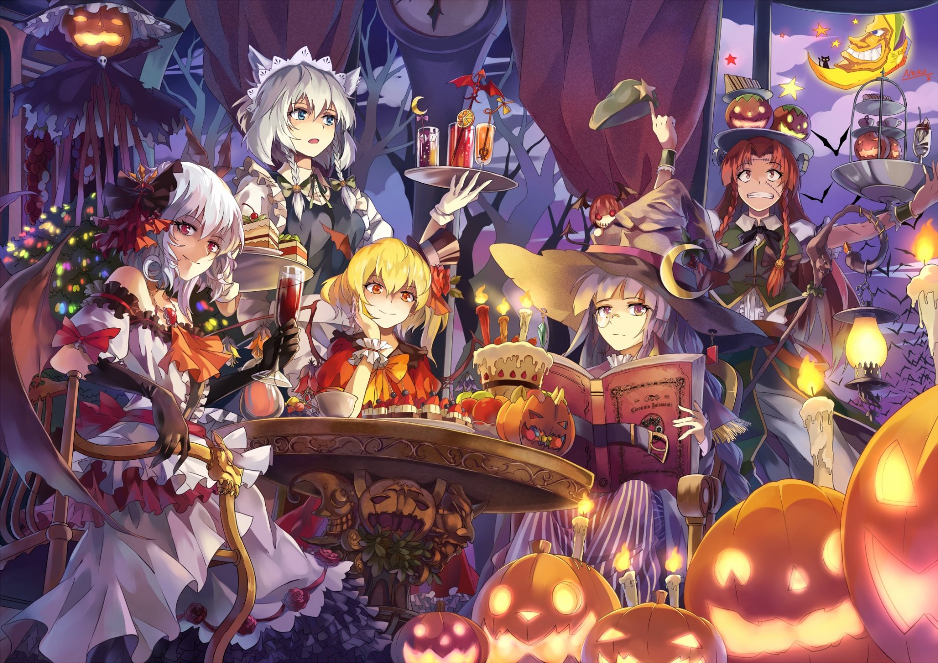 art neko filles flandre scarlet hong meilin izaei sakuya koakuma patchouli connaissances remilia écarlate regard surprise sourire démons citrouilles vacances touhou