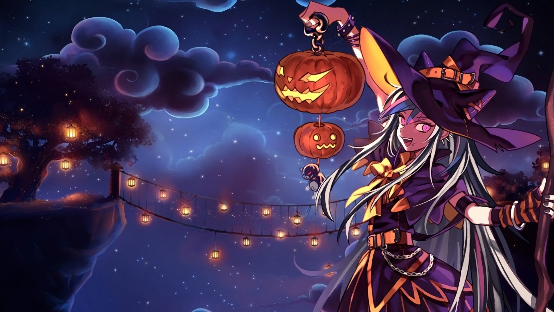 arte mioda ibuki halloween chica bruja sombrero linternas calabaza vacaciones noche cielo nubes puente árbol anime