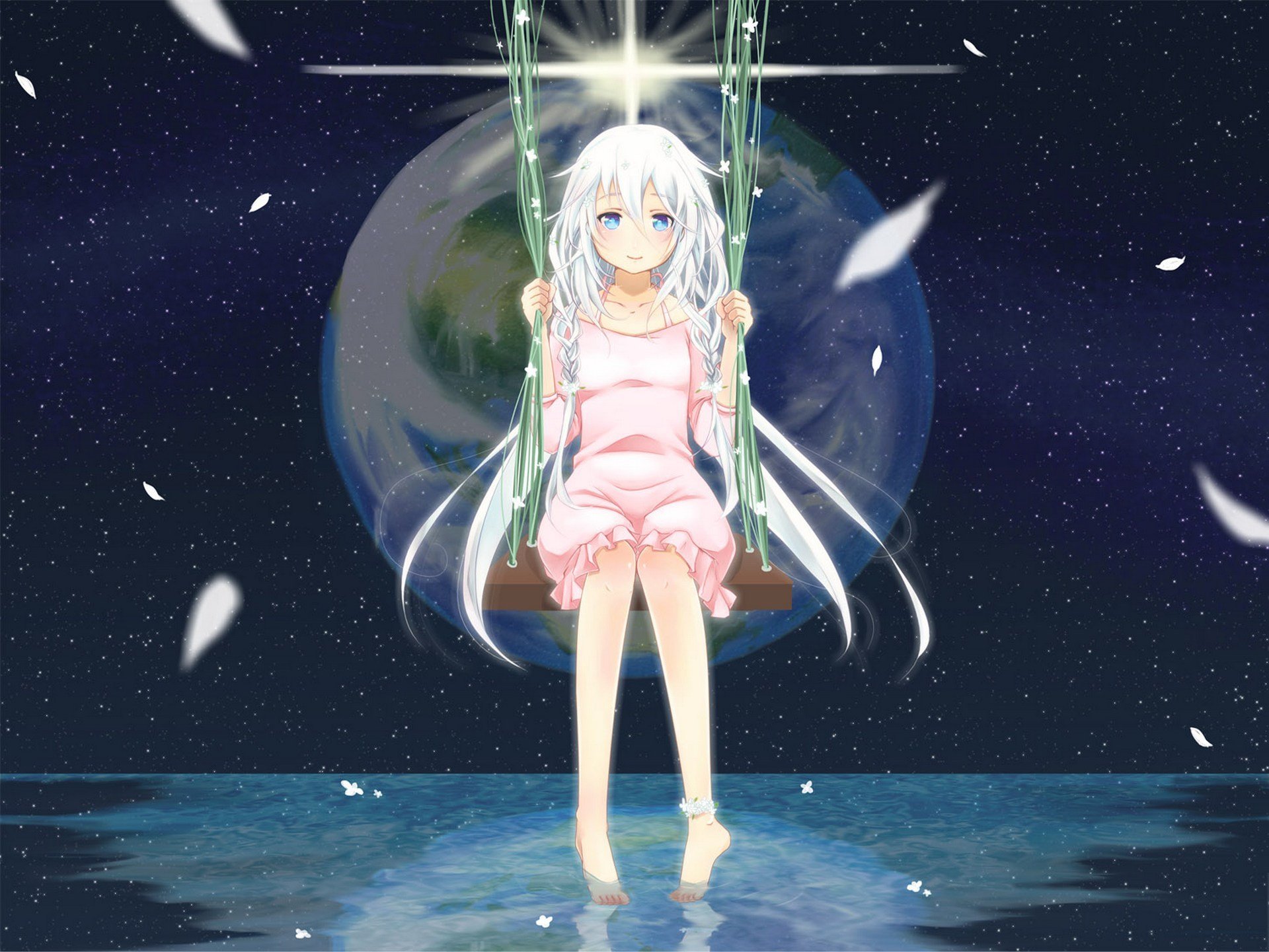 art nokko ia vocaloid fille terre planète swing eau vocaloid pétales réflexion étoiles fleurs bracelet sourire