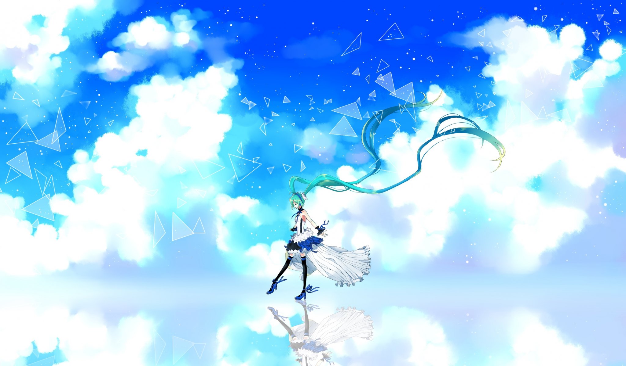 kunst cu riyan 7 drache vocaloid hatsune miku mädchen reflexion himmel wolken lächeln