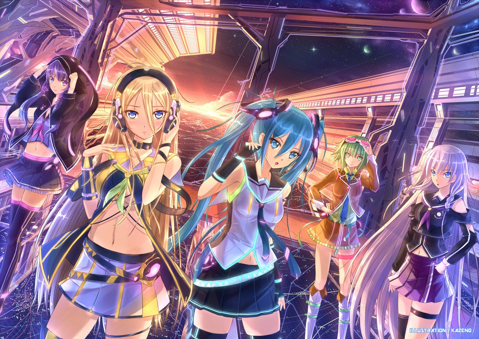 art kazeno filles gumi hatsune miku ia lis regard sourire embarras casque ville coucher de soleil vocaloid vocaloid