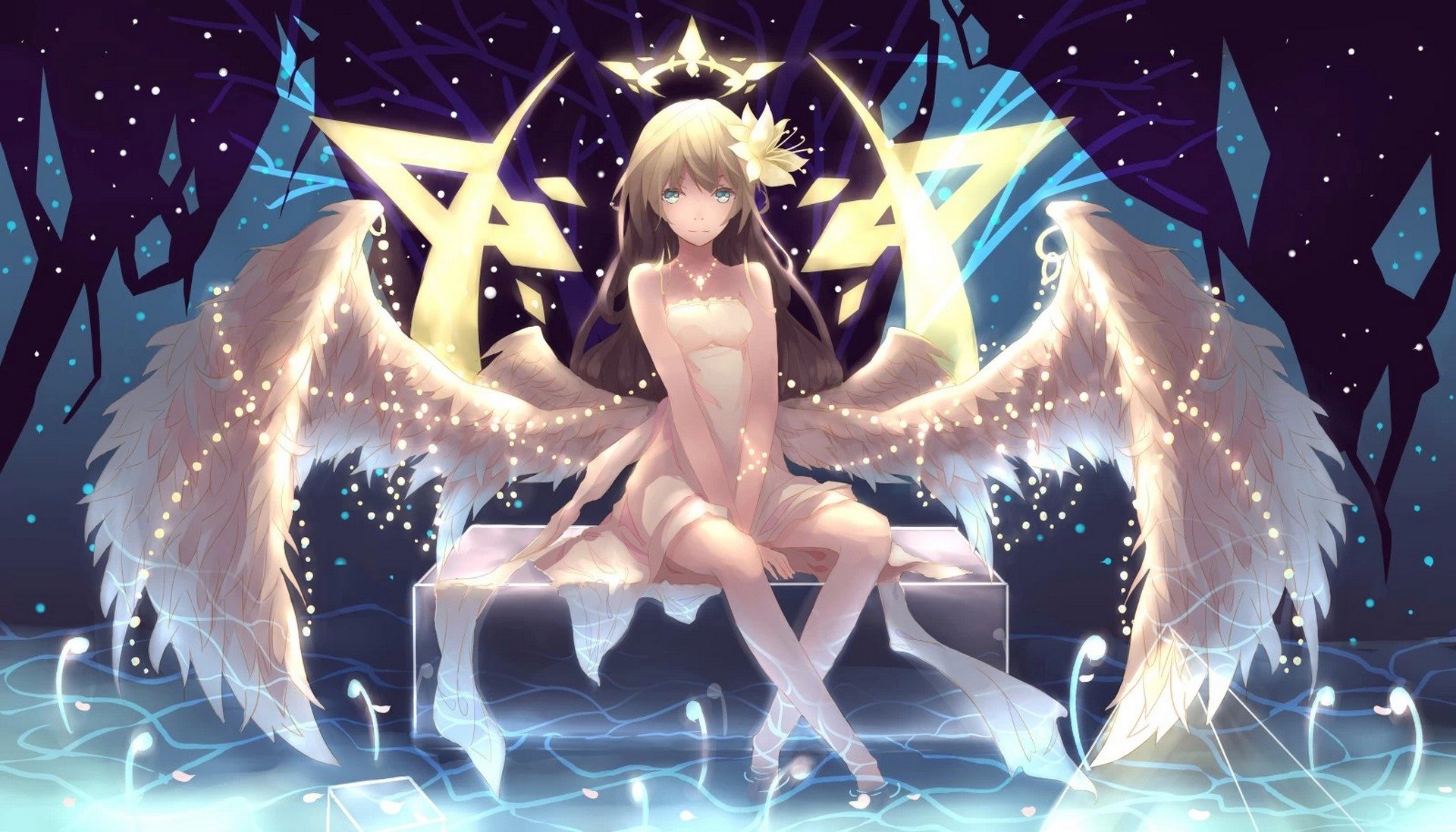 art .l.l girl wings angel smile water flower halo anime