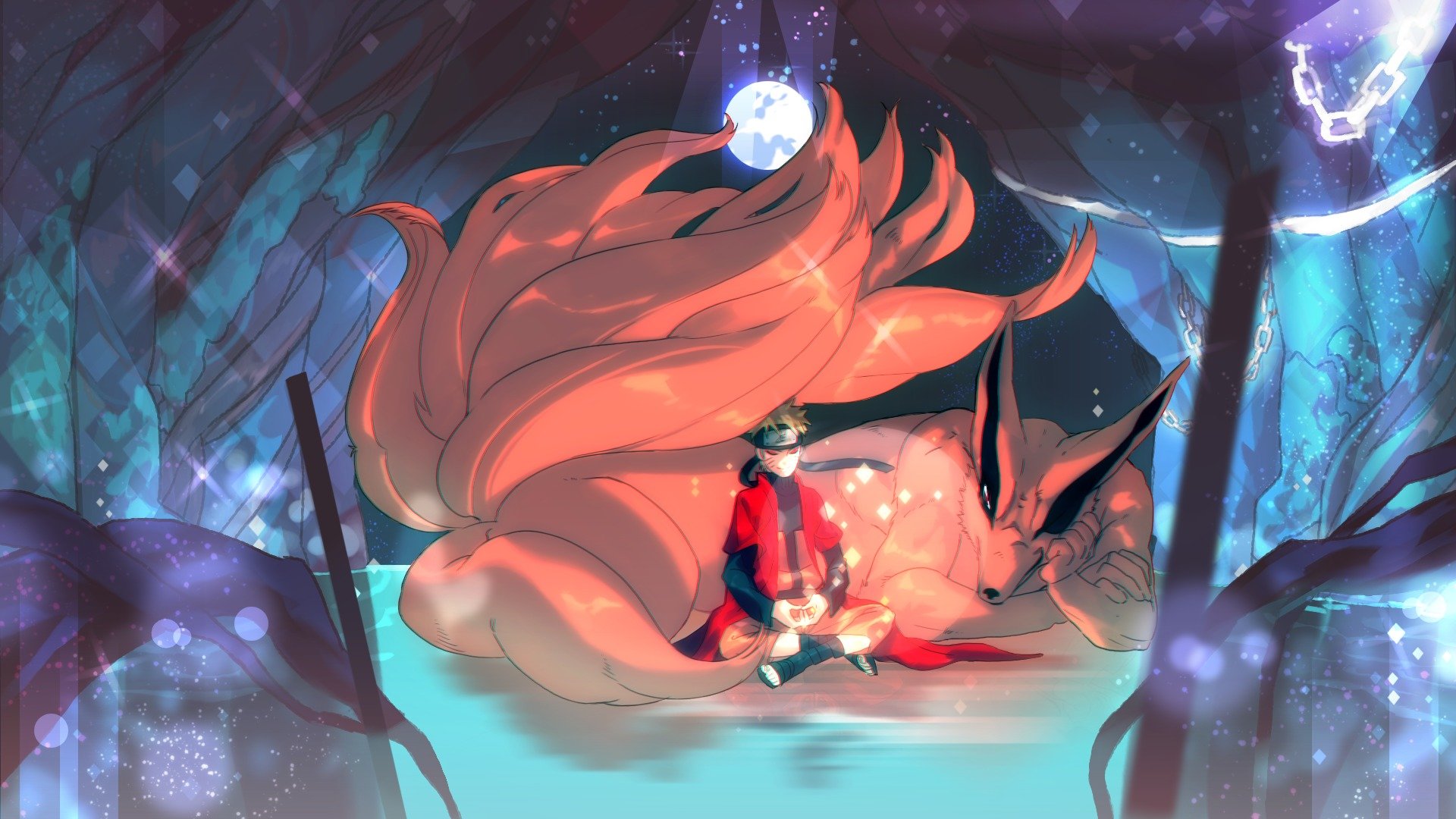 art ester guy uzumaki naruto fox kurama smile magic meditation moon naruto