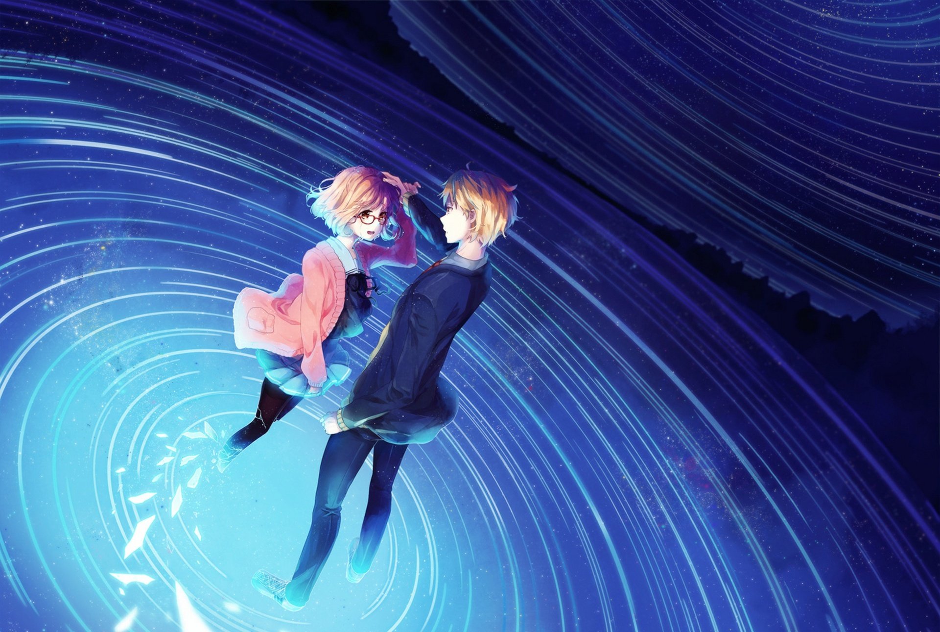 arte anime kyoukai no kanata kuriyama mirai kanbara akihito ragazza ragazzo notte cielo stelle acqua occhiali lacrime