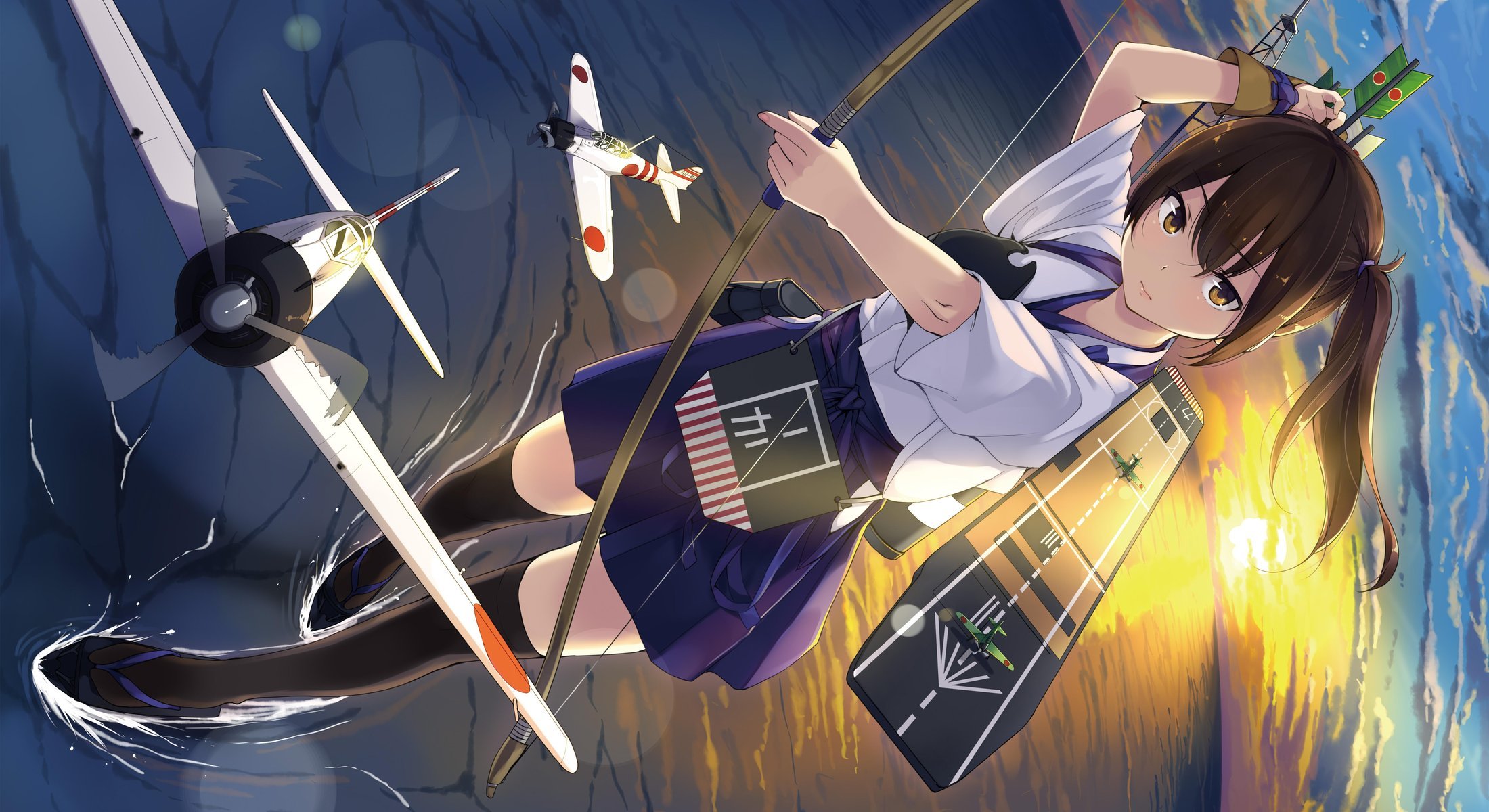 art unasaka ryou girl kaga aircraft carrier view gesture weapon torment planes sea sunset kantai collection