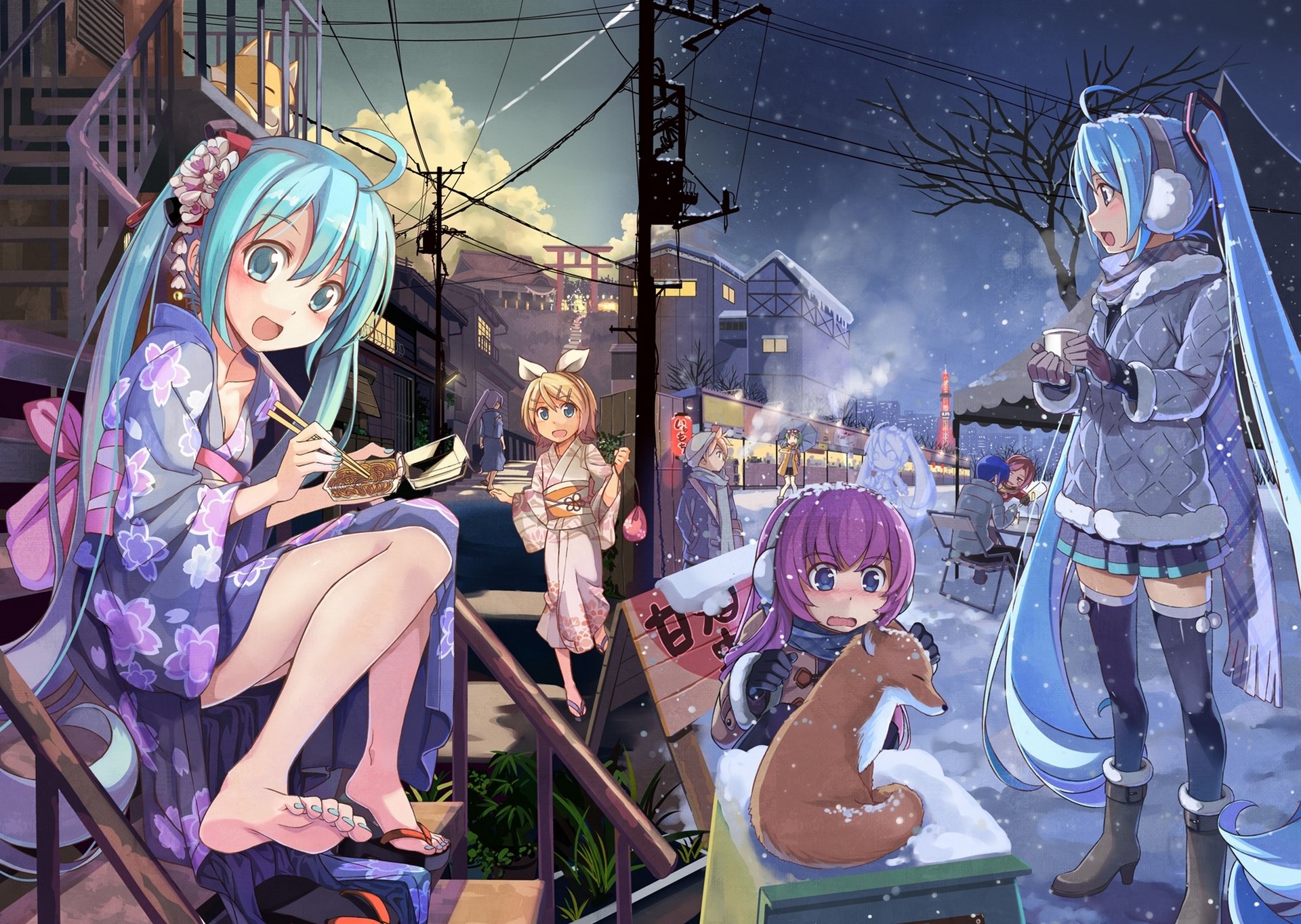 art bic vocaloid gumi hatsune miku kagamine len kagamine rin kaito kamui gakupo megurine luka meiko filles garçons hiver kimono neige fils nuages renard parapluie anime