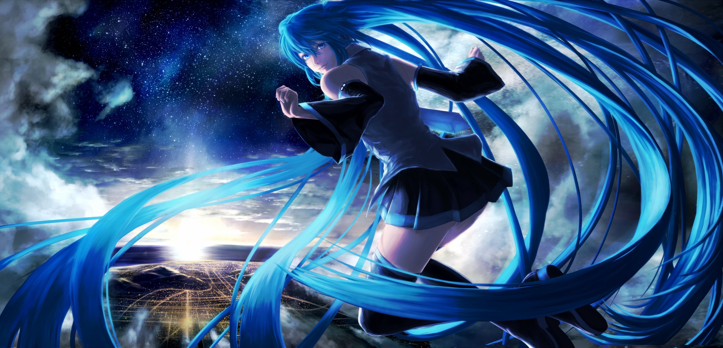 arte nakacha vocaloid hatsune miku chica ciudad puesta de sol luces estrellas