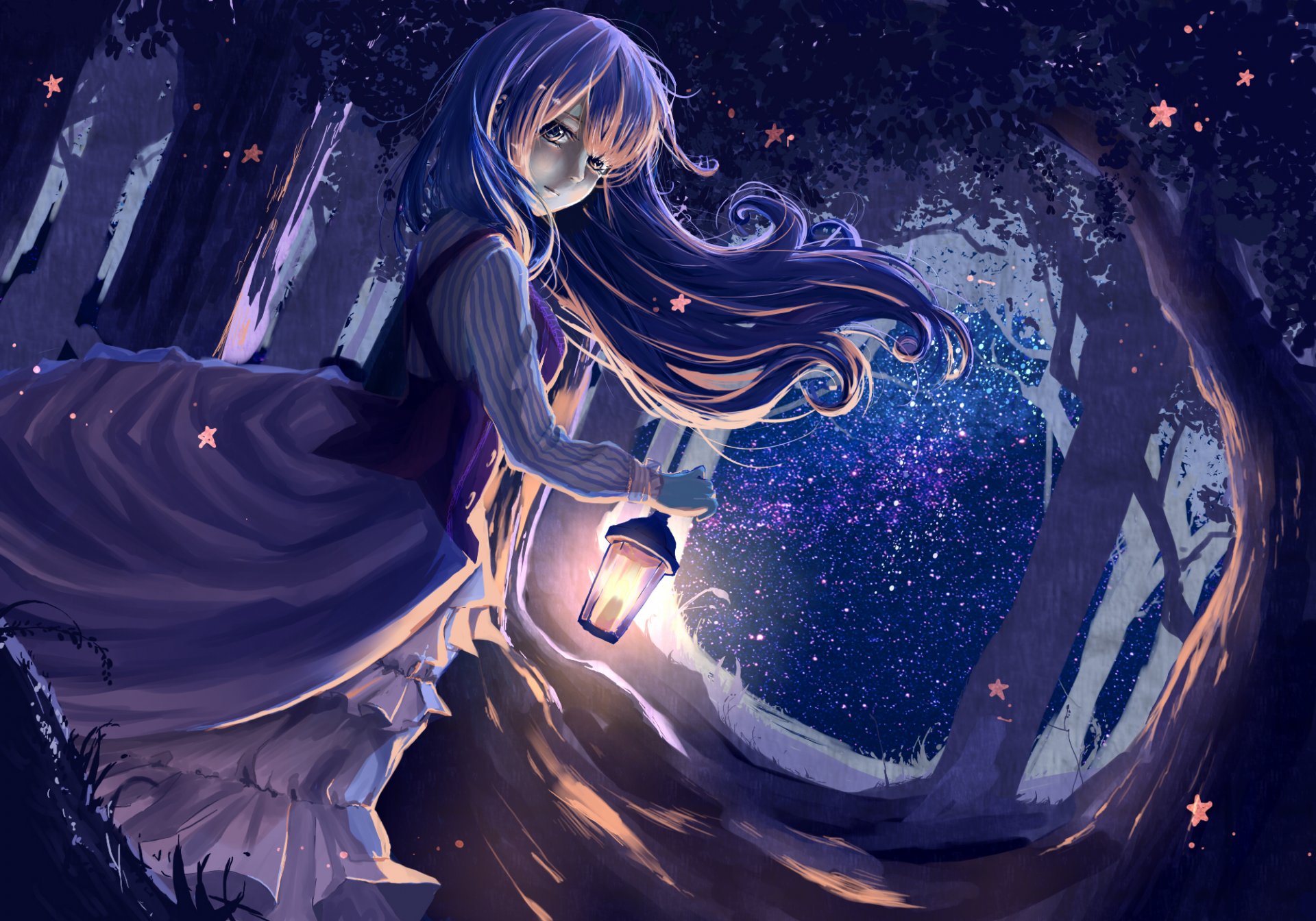 arte ryouya chica noche bosque linterna viento vestido