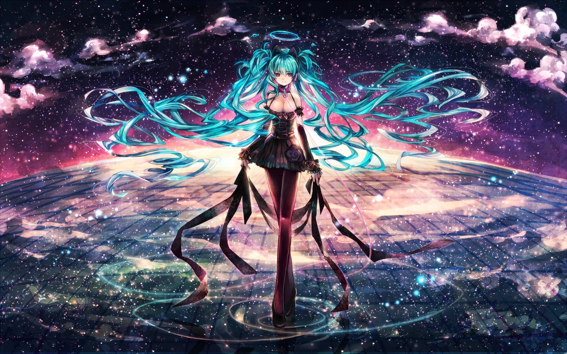 arte salai vocaloid hatsune miku chica estrellas agua reflexión halo cielo nubes