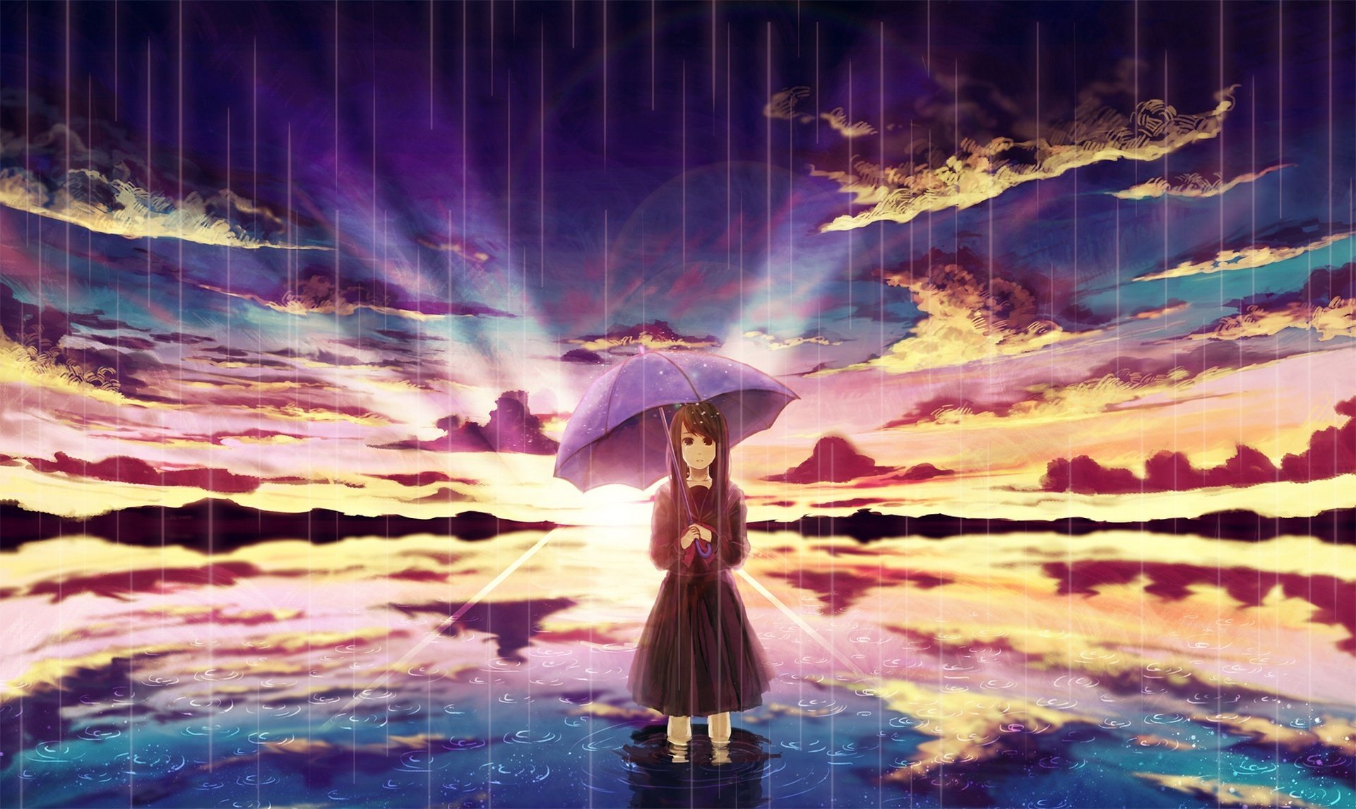 arte amemura ragazza pioggia ombrello riflessione acqua tramonto nuvole cielo sole anime