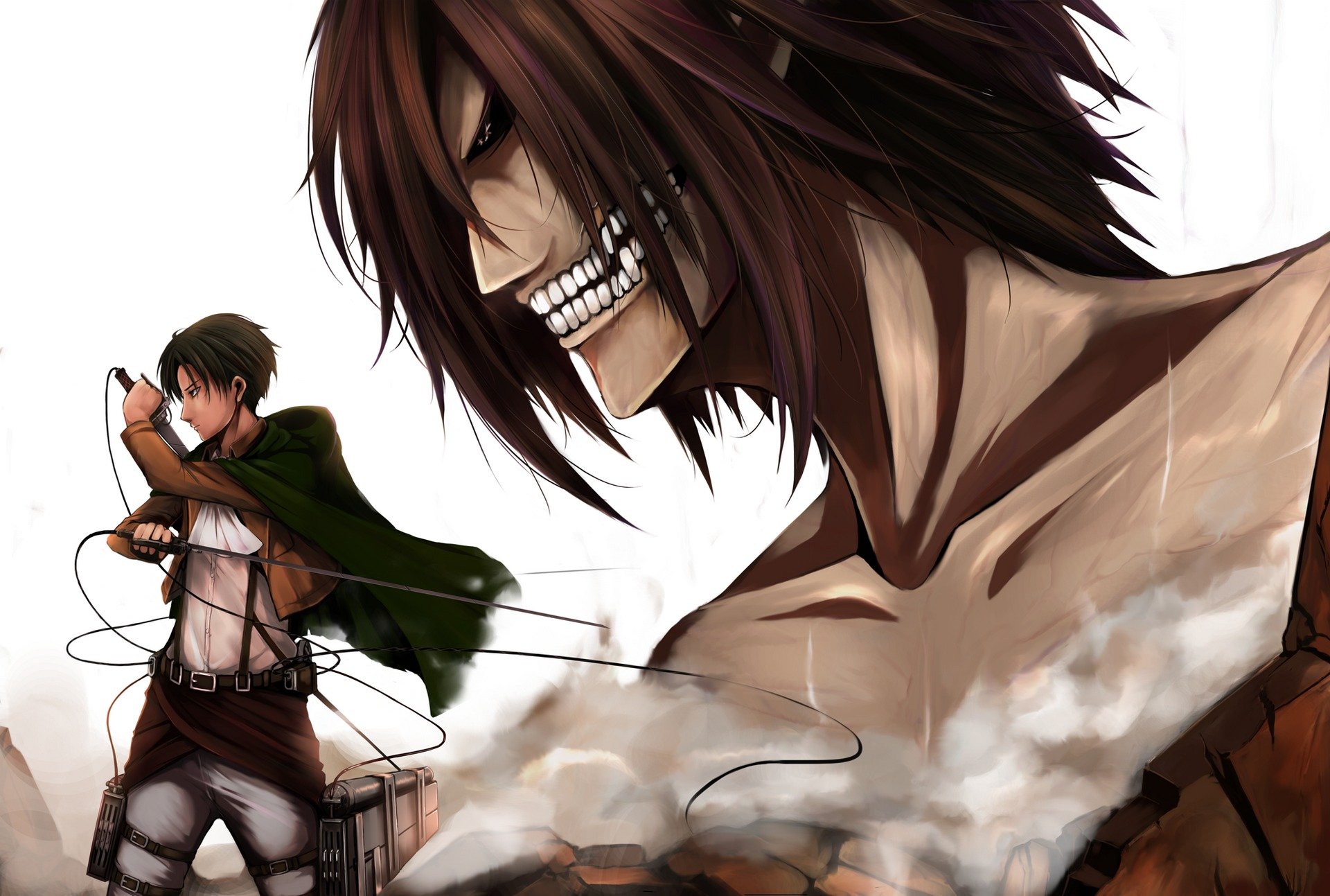 art fllay guy rivaille géant eren jaeger regard indifférence colère lames soldat shingeki pas kyojin