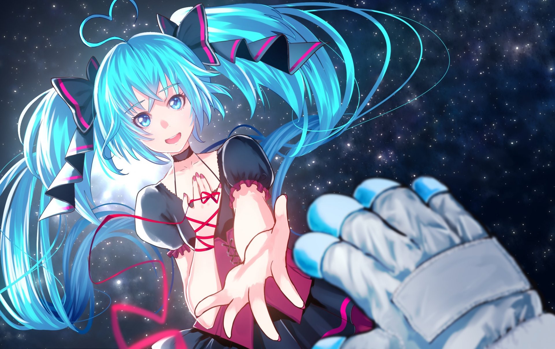 art noboes vocaloid hatsune miku girl hand space sky star cosmonaut anime