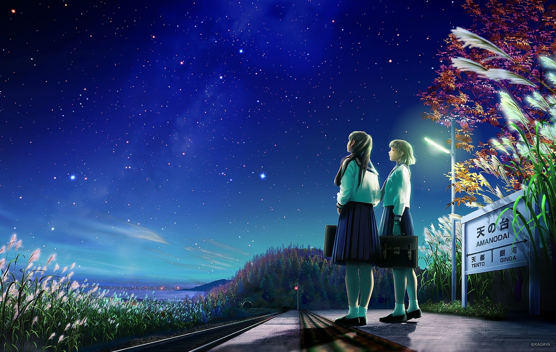 arte kagaya chicas estrellas colegialas uniforme noche carretera naturaleza signo anime