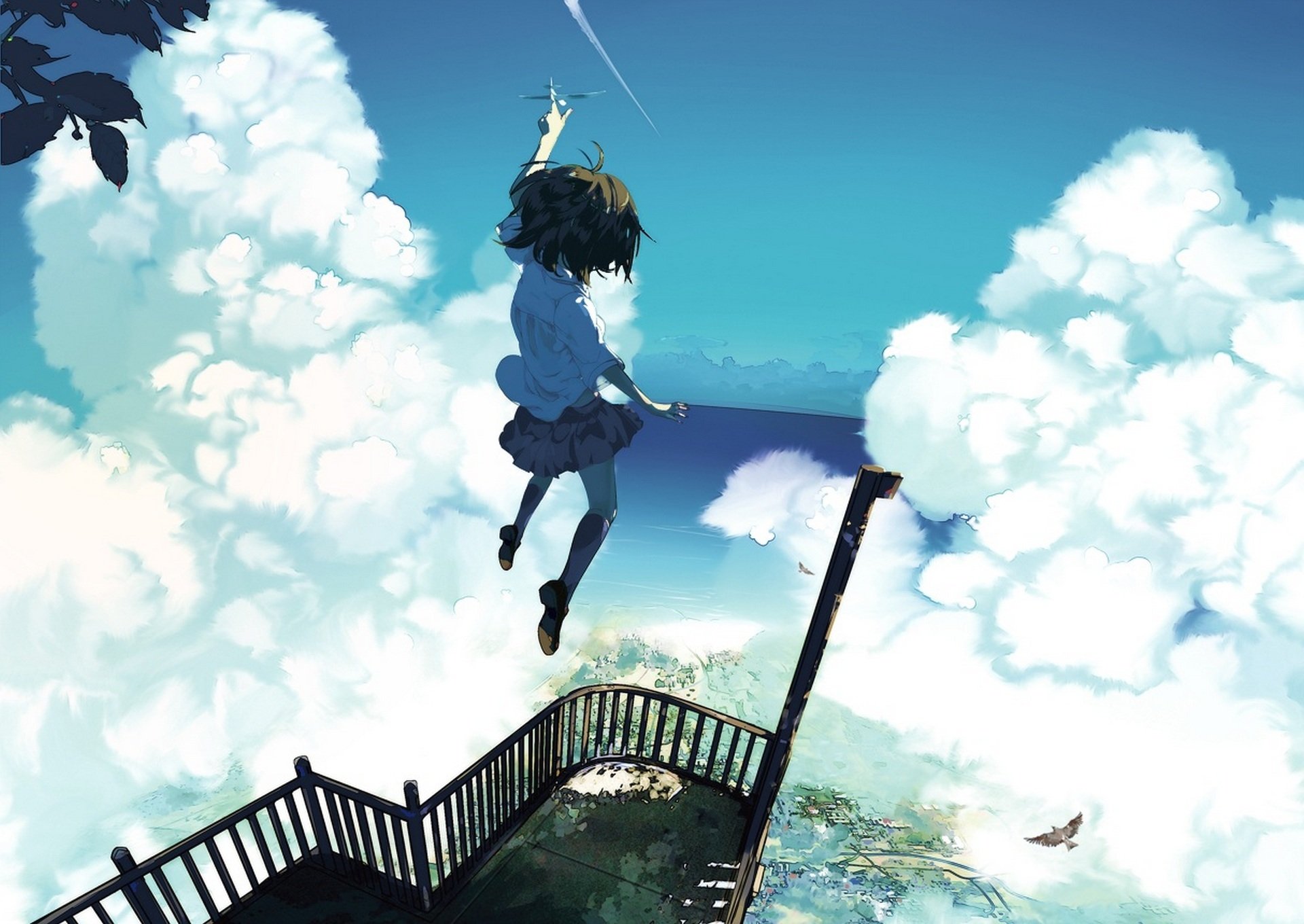 art untan nanathy fille hauteur avion oiseau saut ville maisons ciel nuages anime