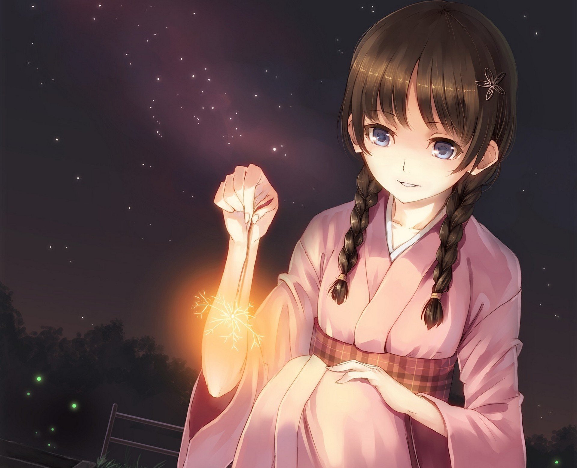 arte chica noche bengalas estrellas cielo kimono coletas anime