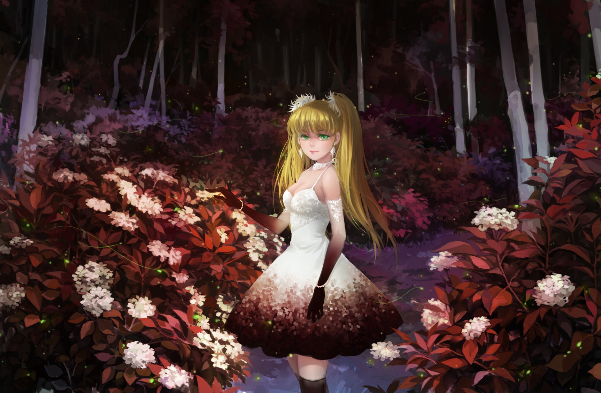 arte huazha01 ragazza vestito foresta scuro cespugli fiori notte