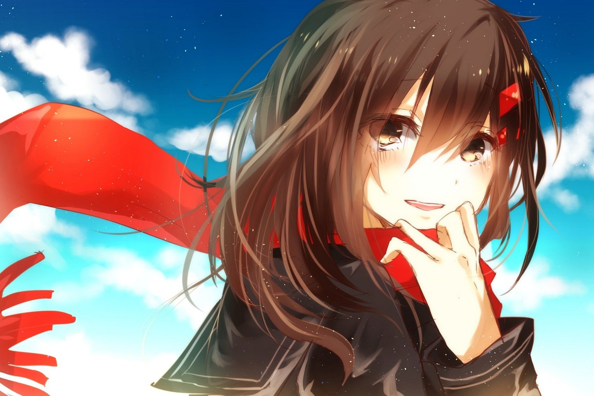 art chunnkoromochi projekt kagerou tateyama ayano dziewczyna szalik łzy radość niebo chmury anime