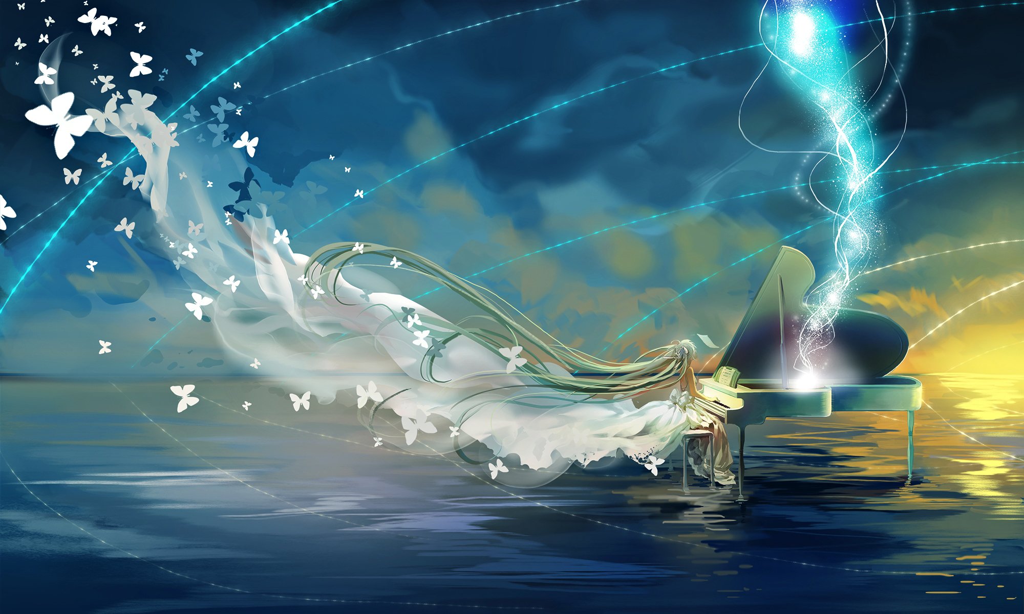 art miemia vocaloid hatsune miku girl piano water butterfly sky clouds anime