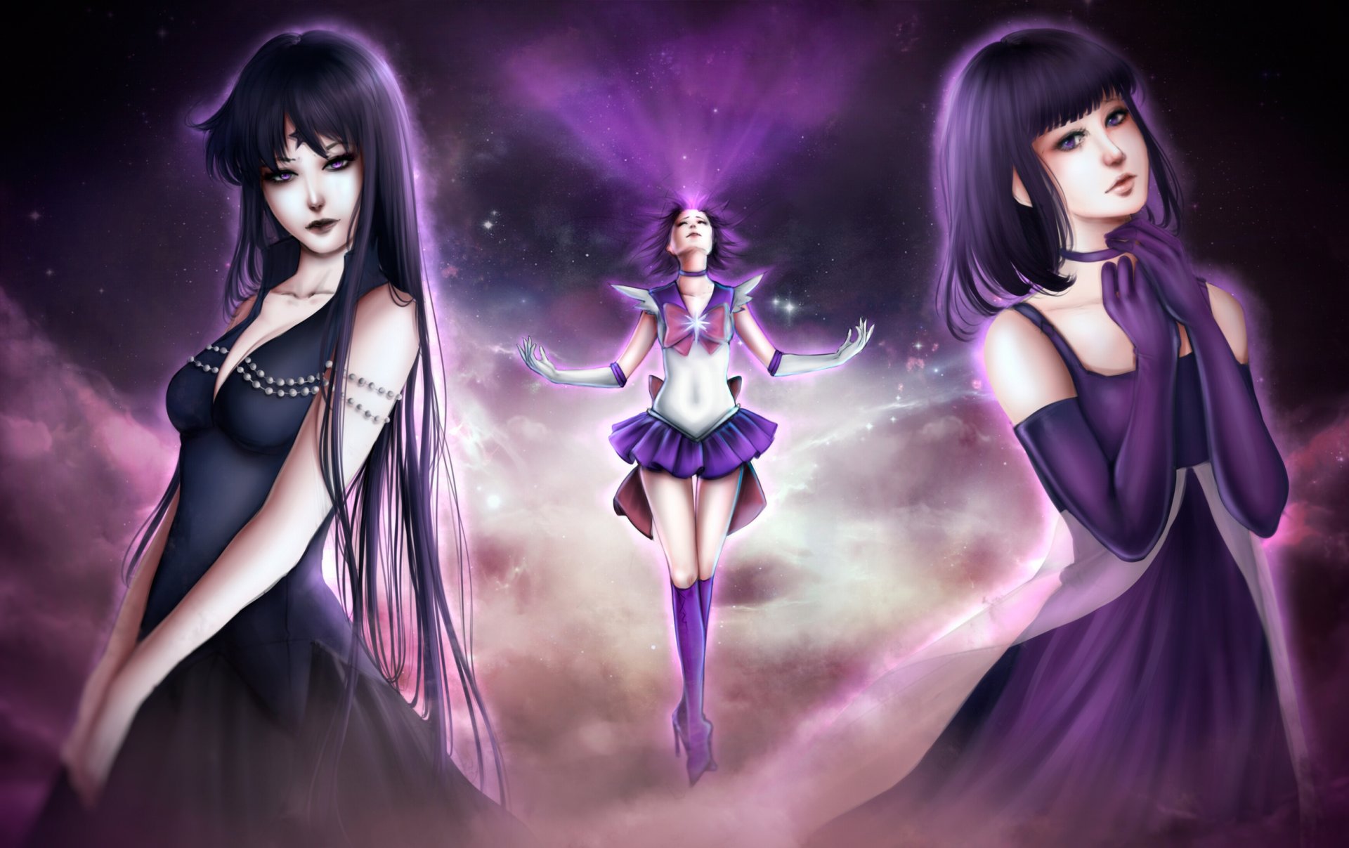 bishoujo senshi sailor moon tomoe hotaru sailor saturn dziewczyna niebo gwiazdy kształt łuk